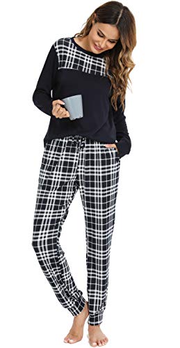 Vlazom Conjunto de Pijamas para Mujer, Parte Superior de Manga Larga, Pijama Suave y Parte Superior a Cuadros S-XXL
