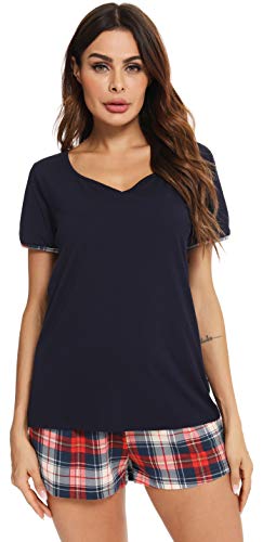 Vlazom Pijamas Mujer Verano Suave y Transpirable, Conjunto de Ropa de Dormir de Camiseta con Pantalones Cortas con Bolsillos y Cordón