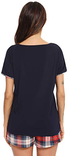 Vlazom Pijamas Mujer Verano Suave y Transpirable, Conjunto de Ropa de Dormir de Camiseta con Pantalones Cortas con Bolsillos y Cordón