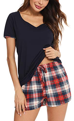 Vlazom Pijamas Mujer Verano Suave y Transpirable, Conjunto de Ropa de Dormir de Camiseta con Pantalones Cortas con Bolsillos y Cordón