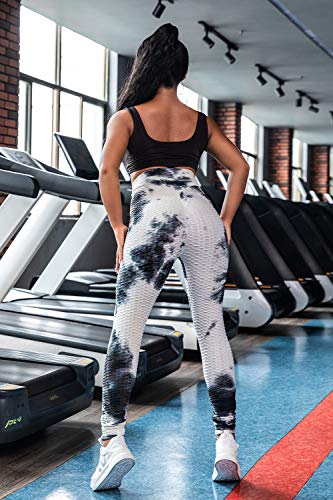 Voqeen Mujer Pantalones de Yoga con Efecto Tie Dye con Textura de Panal Leggings Fruncidos con Pliegues de Levantamiento de Glúteos de Cintura Alta Medias de Botín Leggings Deportivos de Gimnasio