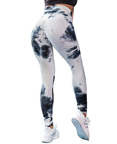 Voqeen Mujer Pantalones de Yoga con Efecto Tie Dye con Textura de Panal Leggings Fruncidos con Pliegues de Levantamiento de Glúteos de Cintura Alta Medias de Botín Leggings Deportivos de Gimnasio