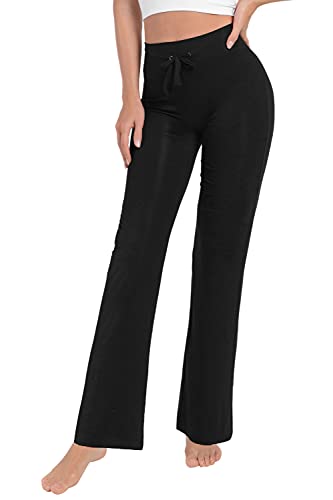 Voqeen Pantalones de Yoga Bootcut Mujer Modal Pantalones Deportivos Alta Cintura Elásticos Leggins Anticeluliticos Control de Barriga Cordón Pantalones de Trabajo (Negro, L)