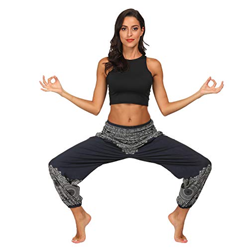 Voqeen Pantalones de Yoga de Salón para Mujer, Pantalones Holgados de Harem Hippie, Holgados, Bohemios, Estampados, Cintura Alta, Cintura Fruncida, Delgada con Bolsillos Grande Tamaño