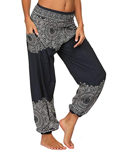 Voqeen Pantalones de Yoga de Salón para Mujer, Pantalones Holgados de Harem Hippie, Holgados, Bohemios, Estampados, Cintura Alta, Cintura Fruncida, Delgada con Bolsillos Grande Tamaño