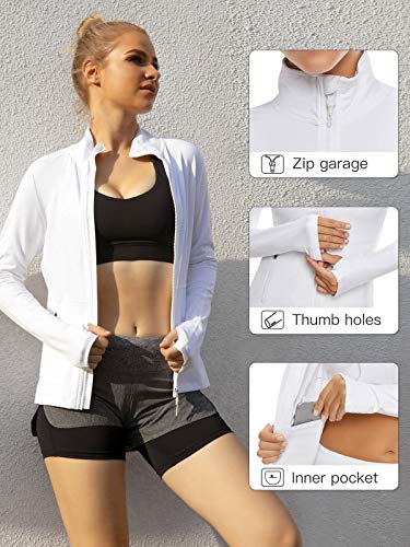 VUTRU Chaqueta Deportiva Mujer Ajustado Manga Larga Chaquetas de Running Chaqueta de Yoga con Orificios para los pulgares Blanco XXL