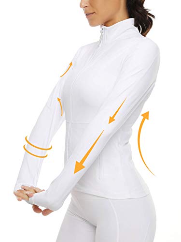 VUTRU Chaqueta Deportiva Mujer Ajustado Manga Larga Chaquetas de Running Chaqueta de Yoga con Orificios para los pulgares Blanco XXL