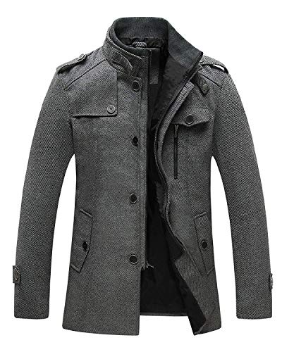 Wantdo Abrigo Grueso de Invierno para Hombre Mezcla de Lana Cuello Alto Chaquetas Charreteras Abrigos Multibolsillos Chaqueta con Botones y Cremallera Frontal Completa Antiviento Hombres Gris XL