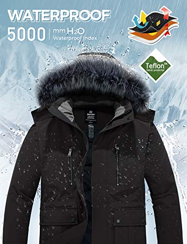 Wantdo Abrigos Cálido Antiviento Chaquetas de Algodón Invierno al Aire Libre Parka Gruesa Capucha Desmontable con Pelo Chaquetas de Lana Resistente al Agua Hombres Negro Large