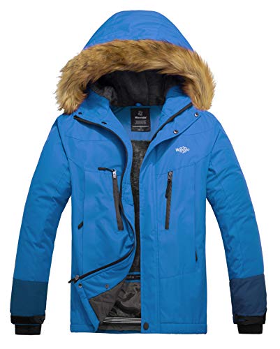 Wantdo Cazadora Trabajo Viaje Acampar Chaquetas Forro de Vellón Grueso Suave Ski Jacket Montaña Senderismo Chaquetas con Capucha Integrados con Piel para Hombre Azul Lago Claro Medium
