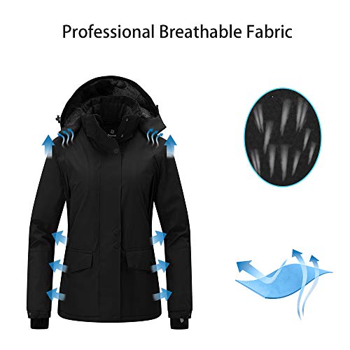Wantdo Chaqueta de Esquí Deportiva al Aire Libre Cazadora Nieve Snowboard Invierno Parka con Capucha Forro Polar Cálida Chaqueta Impermeable Antiviento para Mujer Negro Medium