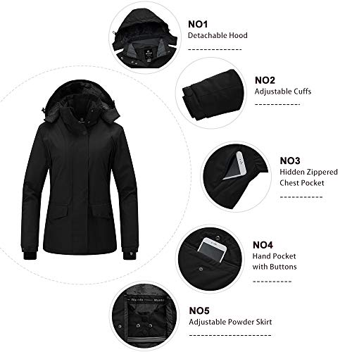 Wantdo Chaqueta de Esquí Deportiva al Aire Libre Cazadora Nieve Snowboard Invierno Parka con Capucha Forro Polar Cálida Chaqueta Impermeable Antiviento para Mujer Negro Medium