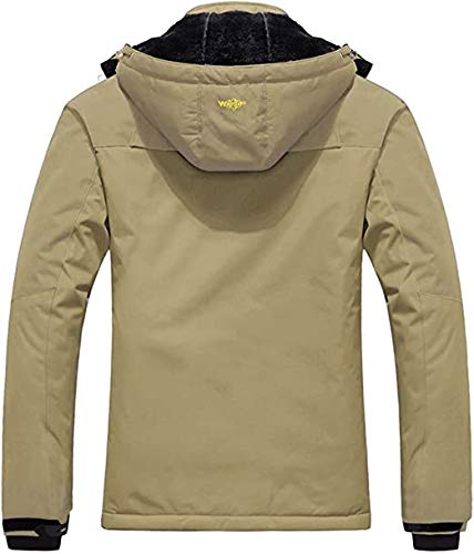 Wantdo Chaqueta de Esquí Impermeable Montaña Abrigo Windbreaker Paño Grueso Suave Chaqueta de Bolsillos Múltiples Cremallera Parka Resistente al Agua para Acampar Viajar para Hombre Caqui X-Large