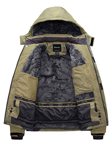 Wantdo Chaqueta de Esquí Impermeable Montaña Abrigo Windbreaker Paño Grueso Suave Chaqueta de Bolsillos Múltiples Cremallera Parka Resistente al Agua para Acampar Viajar para Hombre Caqui X-Large