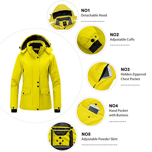 Wantdo Chaqueta de Esquí Montaña Impermeable Chaquetas Cálida Aislada con Vellón Parkas con Capucha de Nieve Invierno Abrigo para Exteriores Snowboard para Mujer Amarillo Large