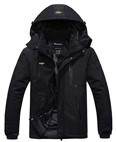 Wantdo Chaqueta de Esquí Montaña Impermeable Parka con Capucha de Nieve Invierno Abrigo para Exteriores Snowboard Chaqueta Cálida Aislada con Vellón para Hombre Negro X-Large