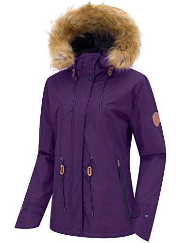 Wantdo Chaqueta de Montaña de Senderismo Abrigo de Invierno Aislada con Vellón Chaqueta Capucha con Pelo a Prueba de Viento Parka Snowboard de Esquí Exteriores para Mujer Púrpura Oscuro Medium