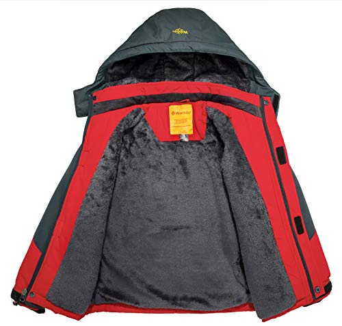 Wantdo Chaqueta de Senderismo Deportiva Invierno Chaqueta de Esquí Antiviento Impermeable Abrigo de Lana para Exteriores Parka Cálida Forro Polar con Capucha para Niño Rojo 152-158