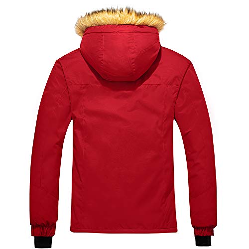 Wantdo Chaqueta de Senderismo Deportiva Invierno Parka Cálida Forro Polar con Capucha Chaqueta de Esquí Antiviento Resistente al Agua Abrigo de Lana para Exteriores para Hombre Rojo Large
