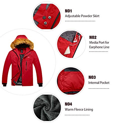 Wantdo Chaqueta de Senderismo Deportiva Invierno Parka Cálida Forro Polar con Capucha Chaqueta de Esquí Antiviento Resistente al Agua Abrigo de Lana para Exteriores para Hombre Rojo Large