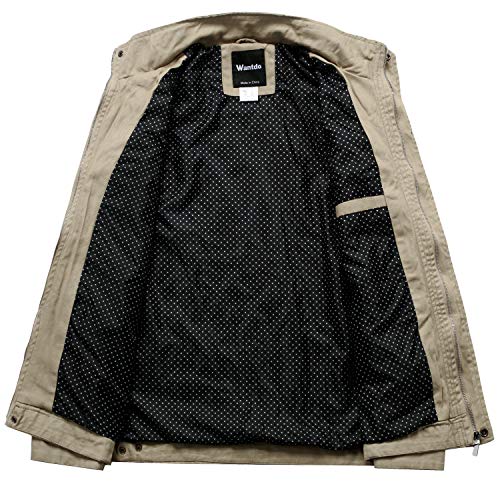 Wantdo Chaqueta Militar Otoño Cazadora Ligera Entretiempo Chaqueta Cuello Alto Sahariana Chaqueta Informal con Botón Hombre Caqui Small