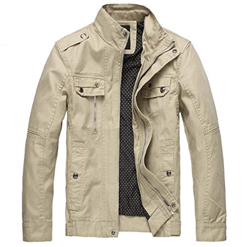 Wantdo Chaqueta Militar Otoño Cazadora Ligera Entretiempo Chaqueta Cuello Alto Sahariana Chaqueta Informal con Botón Hombre Caqui Small