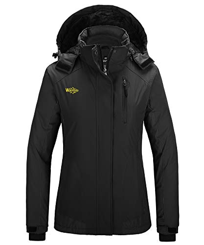 Wantdo Chaquetas de Esquí Impermeable Montaña Parka de Nieve con Capucha Abrigo Snowboard para Exteriores Chaquetas Aislada con Vellón Cálida Invierno para Mujer Negro Small