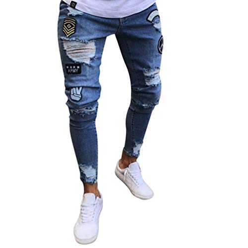 WanYangg Pantalones Vaqueros Rotos Hombre, Skinny Rajados Mezclilla Jeans Pantalones Vaqueros Elásticos Slim Fit Flaco Rodilla Ripped Jean Denim Pantalón con Parche De La Insignia Azul Claro S