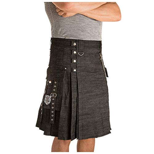 waotier Kilt Hombres Vintage Kilt Escocia Gótico Plisado Moda Kendo Falda de Mezclilla Patrón escocés Suelta Medio Faldas para Hombre