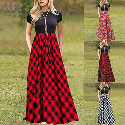 waotier Vestido con Estampado de Cuadros Escoceses de Gran Swing Vestido Largo de Manga Corta de Verano de Manga Corta con Cuello En V para Mujer