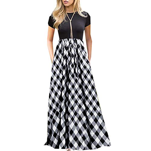 waotier Vestido con Estampado de Cuadros Escoceses de Gran Swing Vestido Largo de Manga Corta de Verano de Manga Corta con Cuello En V para Mujer