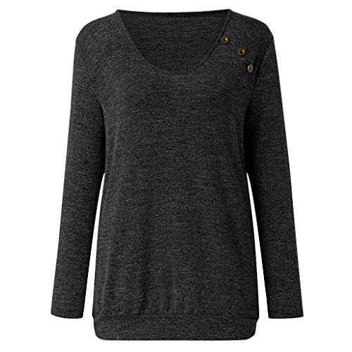 WARMWORD Camiseta de Manga Larga para Mujer con Bolsillo Botón Design Blusa Camisa Cuello en V Basica Camiseta Tops Otoño Casual T-Shirt Damas Color sólido Blusa Tops S-XL