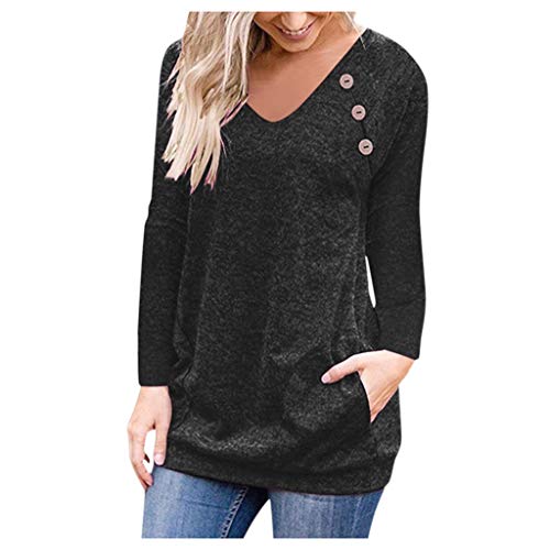 WARMWORD Camiseta de Manga Larga para Mujer con Bolsillo Botón Design Blusa Camisa Cuello en V Basica Camiseta Tops Otoño Casual T-Shirt Damas Color sólido Blusa Tops S-XL