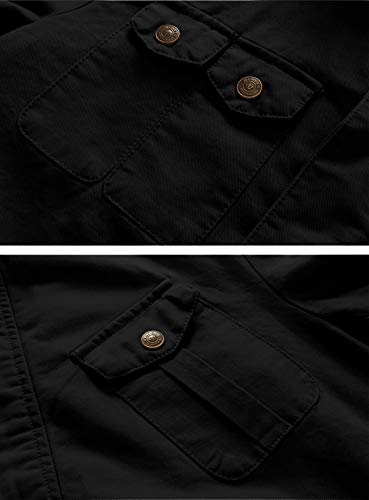 WenVen Chaqueta de Algodón Casual Chaqueta Militar Otoño Chaqueta con Capucha Desmontable Sahariana Cazadora Ligera Entretiempo Hombre Negro Large