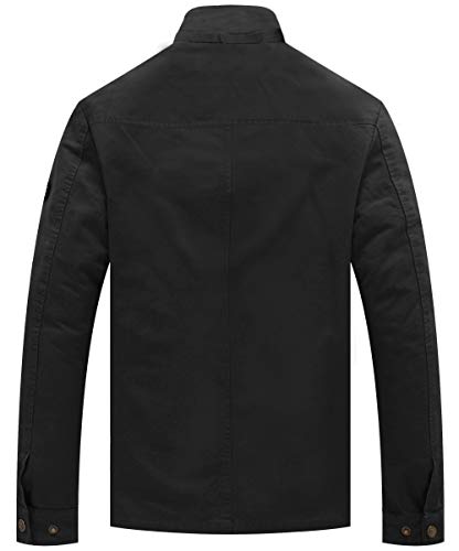 WenVen Chaqueta de Algodón Casual Chaqueta Militar Otoño Chaqueta con Capucha Desmontable Sahariana Cazadora Ligera Entretiempo Hombre Negro Large