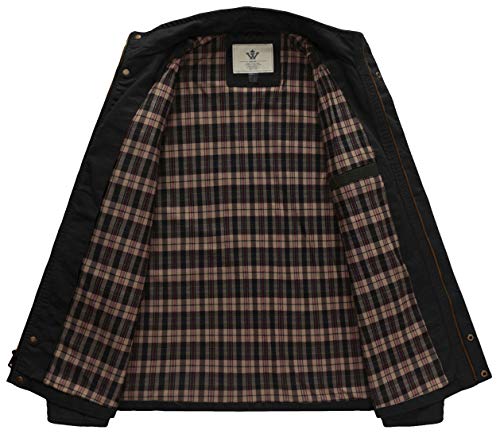 WenVen Chaqueta de Algodón Casual Chaqueta Militar Otoño Chaqueta con Capucha Desmontable Sahariana Cazadora Ligera Entretiempo Hombre Negro Large