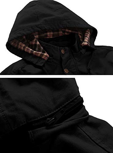 WenVen Chaqueta de Algodón Casual Chaqueta Militar Otoño Chaqueta con Capucha Desmontable Sahariana Cazadora Ligera Entretiempo Hombre Negro Large