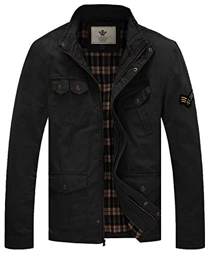 WenVen Chaqueta de Algodón Casual Chaqueta Militar Otoño Chaqueta con Capucha Desmontable Sahariana Cazadora Ligera Entretiempo Hombre Negro Large