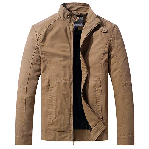 WenVen Chaqueta de Algodón Casual Chaqueta Militar Otoño Chaqueta Fina Joven Chaqueta Clásica al Aire Libre Cuello Alto Hombre Caqui Medium