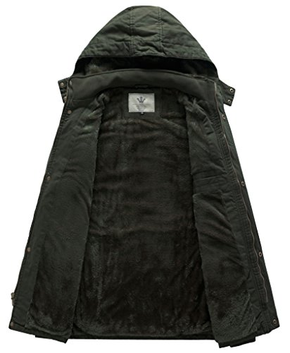 WenVen Chaquetas de Algodón a Prueba de Viento Abrigo Forro Polar Grueso Chaquetas Longitud Media Delgada Parka Capucha Gruesa Extraíble Hombres Verde Militar Large