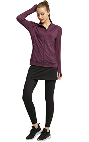 Westkun Chaqueta con Cremallera Completa para Mujer Yoga Casual Corriendo Tops con Agujeros para los Pulgares(Borgoña,M)