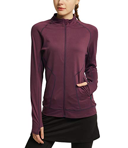 Westkun Chaqueta con Cremallera Completa para Mujer Yoga Casual Corriendo Tops con Agujeros para los Pulgares(Borgoña,M)