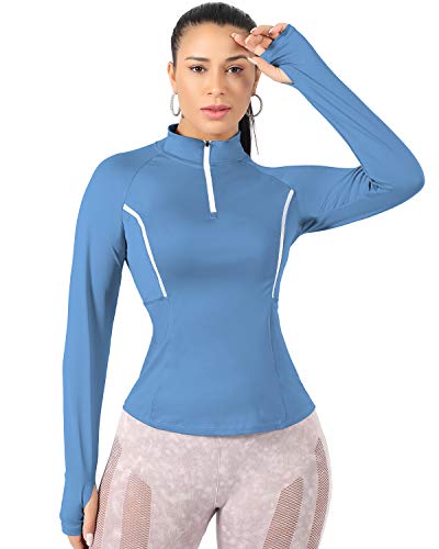 WOWENY Top de Running Ligero con Cremallera de 1/4 para Mujer, Camisetas de Manga Larga con protección Solar UPF 50+, Camisetas de Senderismo al Aire Libre para Ciclismo (Azul, S)