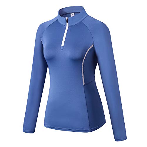 WOWENY Top de Running Ligero con Cremallera de 1/4 para Mujer, Camisetas de Manga Larga con protección Solar UPF 50+, Camisetas de Senderismo al Aire Libre para Ciclismo (Azul, S)