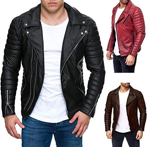 WQDS Chaqueta de Cuero de la Motocicleta de los Hombres de otoño e Invierno de Cuero Chaqueta Juvenil de los Hombres-Negro_3XL