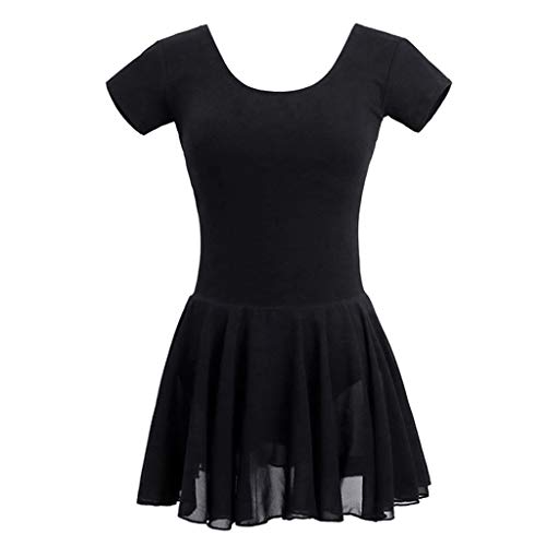WYGH Mujer Negro Ballet Maillots con Gasa Falda Elegante Redondo Cuello y Corto Manga Gimnasia Deportes Leotardo Dama Niña Ropa de Baile Disfraz para Amante,Black-L