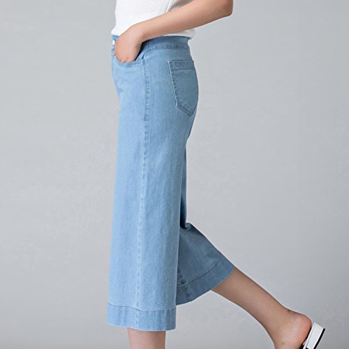 Xinwcanga Mujer Pantalones Vaqueros de Cintura Alta 9 Puntos Rectos Anchos Jeans (Luz Azul, 30)