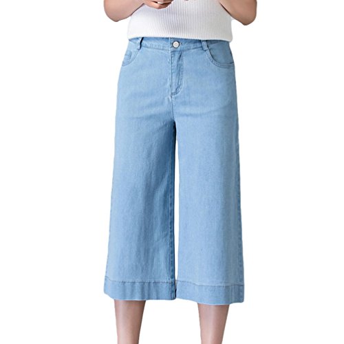 Xinwcanga Mujer Pantalones Vaqueros de Cintura Alta 9 Puntos Rectos Anchos Jeans (Luz Azul, 30)