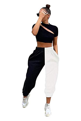 XiuLi Pantalones de chándal Mujer Hip Hop Vintage Pantalones a Cuadros de Dos Tonos Joggers con Bolsillos Leggins Largos Chica para Baile Correr Fitness Yoga Pantalones de chándal