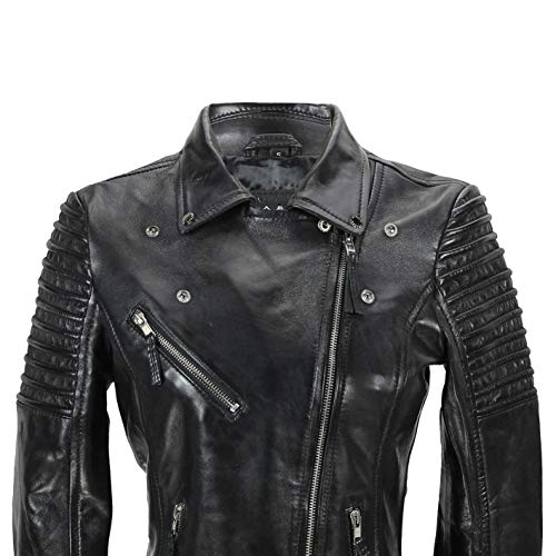 Xposed Chaqueta de motociclista para mujer, estilo vintage, ajustada, suave, de cuero auténtico, talla UK 6-24, color Negro, talla X-Large